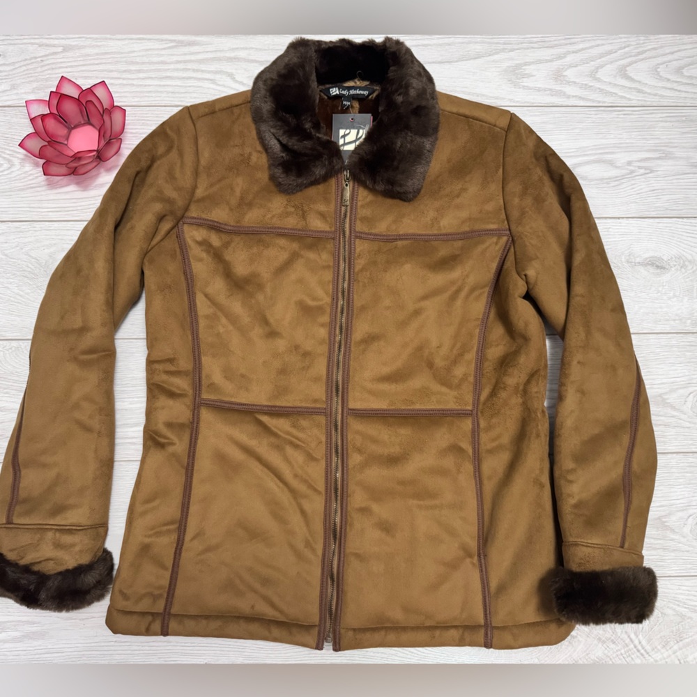 Lady Hathaway Brown Suede Style Jacket with Dark Brown Faux Fur Collar -Size M